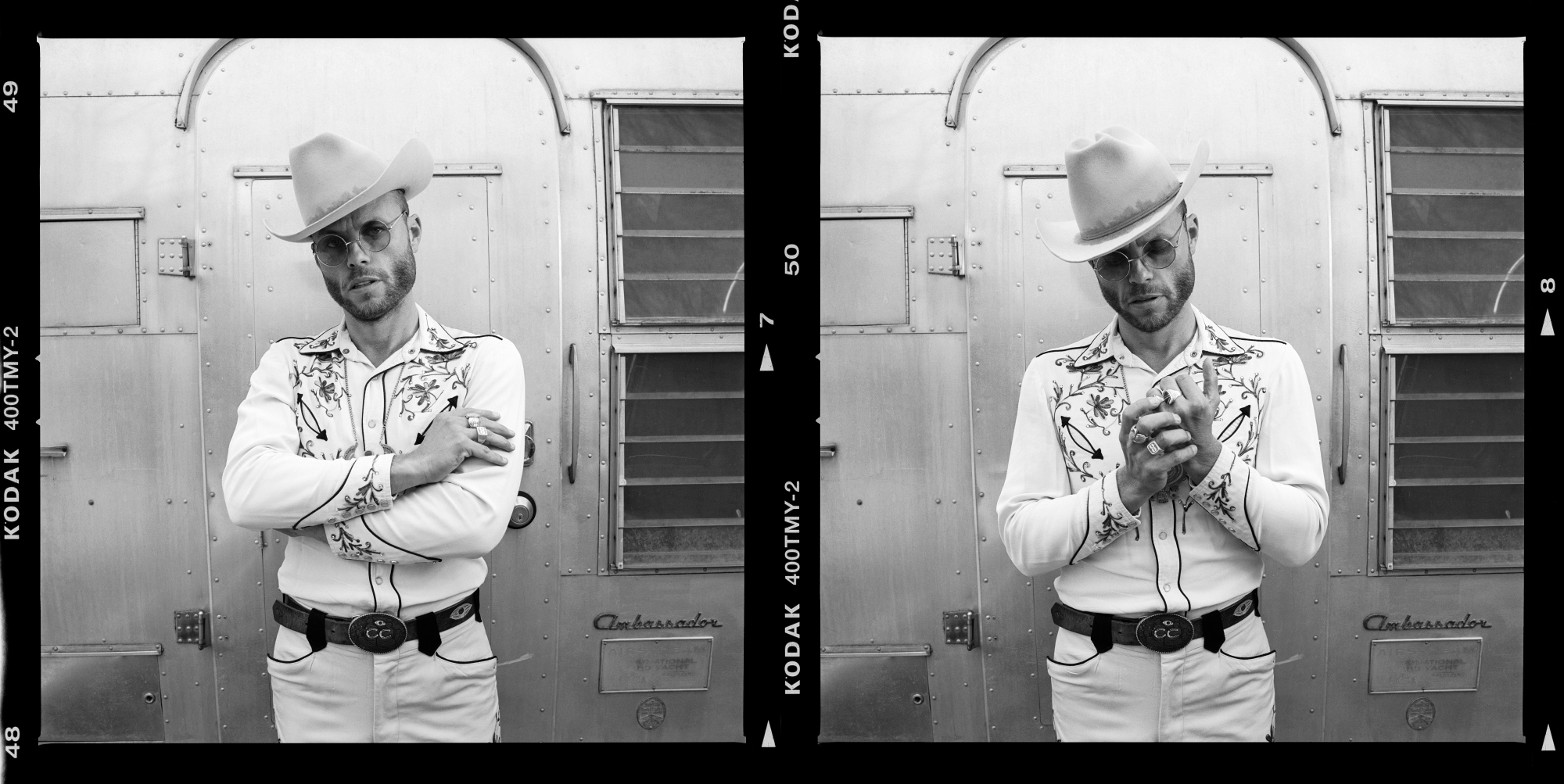 charley crockett in black and white in front of an airstream. Photo by Laura Partain